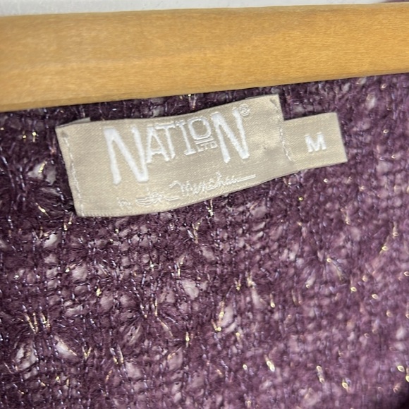 NATION LTD Pointelle Knit Metallic Weave Ruched Sleeve Layering Top - Picture 7 of 9